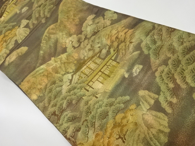 リサイクル　山並に松・寺院風景模様織出し袋帯